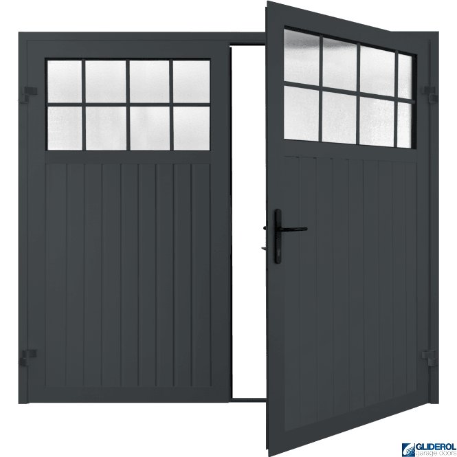 Gliderol ANTHRACITE (RAL7016) Premium Hartshill Vertical Standard Rib (non-insulated) Side Hinged Garage Door with windows