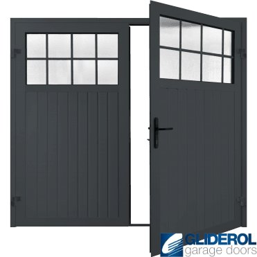 ANTHRACITE (RAL7016) Premium Hartshill Vertical Standard Rib (non-insulated) Side Hinged Garage Door with windows