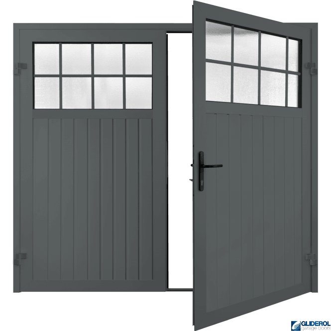 Gliderol BASALT GREY (RAL7012) Premium Hartshill Vertical Standard Rib (non-insulated) Side Hinged Garage Door with windows