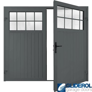 BASALT GREY (RAL7012) Premium Hartshill Vertical Standard Rib (non-insulated) Side Hinged Garage Door with windows