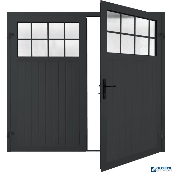 Gliderol BLACK GREY (RAL7021) Premium Hartshill Vertical Standard Rib (non-insulated) Side Hinged Garage Door with windows