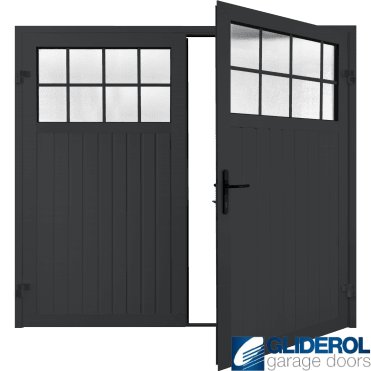 BLACK GREY (RAL7021) Premium Hartshill Vertical Standard Rib (non-insulated) Side Hinged Garage Door with windows