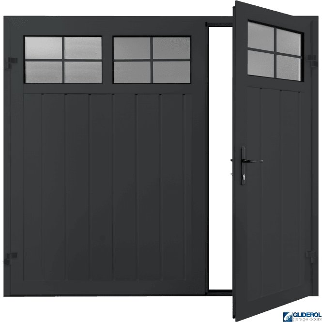 Gliderol BLACK GREY (RAL7021) Premium Vertical Medium Rib (non-insulated) Side Hinged Garage Door with windows (1/3)