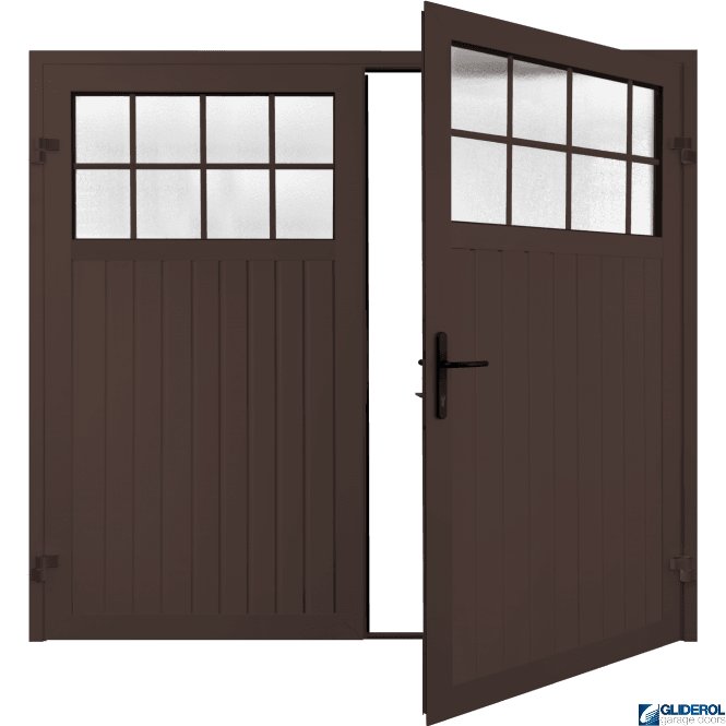 Gliderol BROWN (RAL8017) Premium Hartshill Vertical Standard Rib (non-insulated) Side Hinged Garage Door with windows