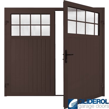 BROWN (RAL8017) Premium Hartshill Vertical Standard Rib (non-insulated) Side Hinged Garage Door with windows