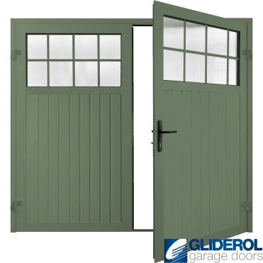CHARTWELL GREEN (BS 14 C 35) Premium Hartshill Vertical Standard Rib (non-insulated) Side Hinged Garage Door with windows
