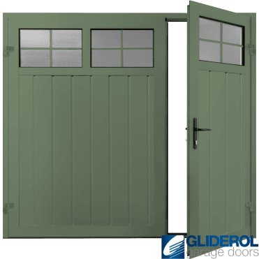 CHARTWELL GREEN (BS 14 C 35) Premium Vertical Medium Rib (non-insulated) Side Hinged Garage Door with windows (1/3)