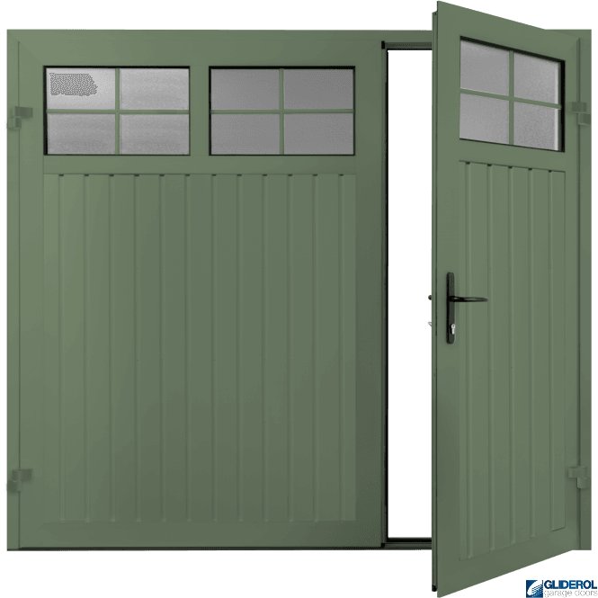 Gliderol CHARTWELL GREEN (BS 14 C 35) Premium Vertical Standard Rib (non-insulated) Side Hinged Garage Door with windows (1/3)