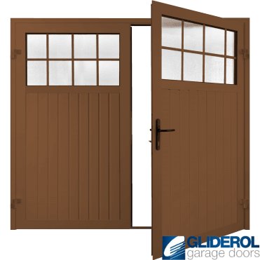 CLAY BROWN (RAL8003) Premium Hartshill Vertical Standard Rib (non-insulated) Side Hinged Garage Door with windows