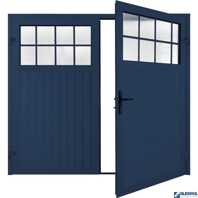 Gliderol COLBALT BLUE (RAL5013) Premium Hartshill Vertical Standard Rib (non-insulated) Side Hinged Garage Door with windows