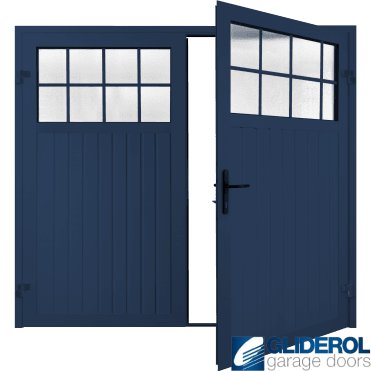COLBALT BLUE (RAL5013) Premium Hartshill Vertical Standard Rib (non-insulated) Side Hinged Garage Door with windows