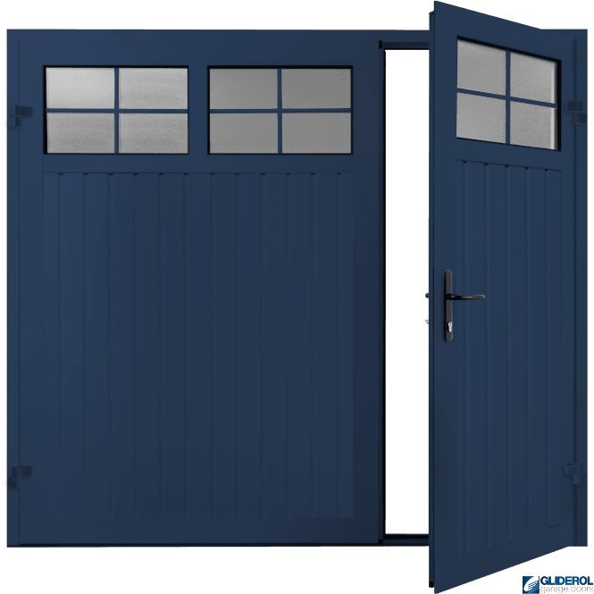 Gliderol COLBALT BLUE (RAL5013) Premium Vertical Standard Rib (non-insulated) Side Hinged Garage Door with windows (1/3)