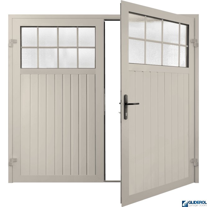 Gliderol CREAM (RAL9001) Premium Hartshill Vertical Standard Rib (non-insulated) Side Hinged Garage Door with windows