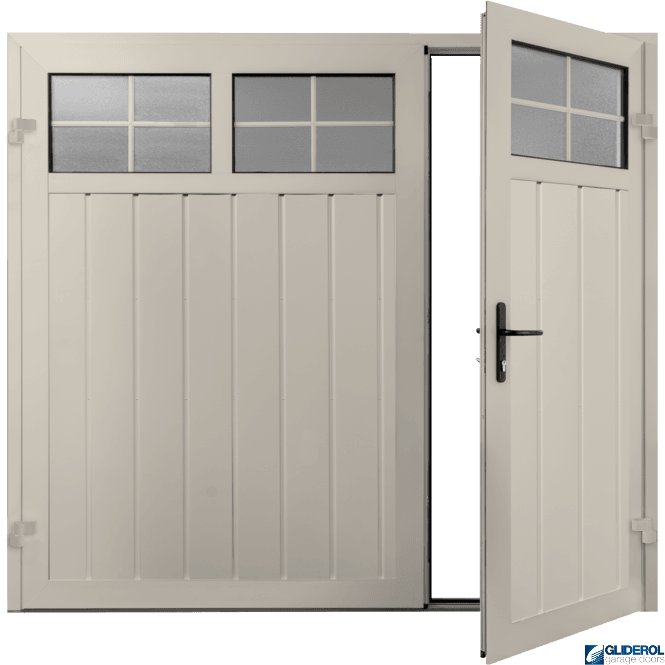 Gliderol CREAM (RAL9001) Premium Vertical Medium Rib (non-insulated) Side Hinged Garage Door with windows (1/3)
