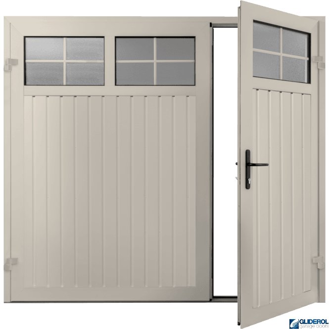 Gliderol CREAM (RAL9001) Premium Vertical Standard Rib (non-insulated) Side Hinged Garage Door with windows (1/3)