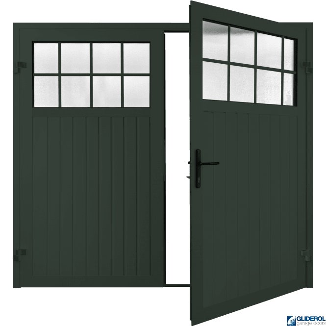 Gliderol FIR GREEN (RAL6009) Premium Hartshill Vertical Standard Rib (non-insulated) Side Hinged Garage Door with windows