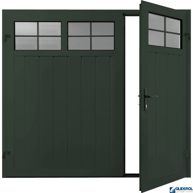 Gliderol FIR GREEN (RAL6009) Premium Vertical Medium Rib (non-insulated) Side Hinged Garage Door with windows (1/3)