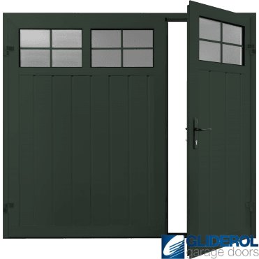 FIR GREEN (RAL6009) Premium Vertical Medium Rib (non-insulated) Side Hinged Garage Door with windows (1/3)