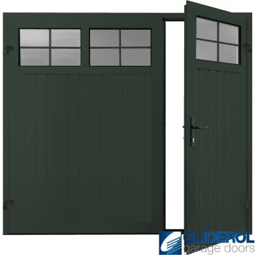 FIR GREEN (RAL6009) Premium Vertical Standard Rib (non-insulated) Side Hinged Garage Door with windows (1/3)