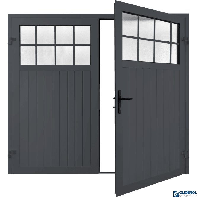 Gliderol GRAPHITE GREY (RAL7024) Premium Hartshill Vertical Standard Rib (non-insulated) Side Hinged Garage Door with windows