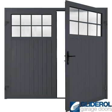 GRAPHITE GREY (RAL7024) Premium Hartshill Vertical Standard Rib (non-insulated) Side Hinged Garage Door with windows