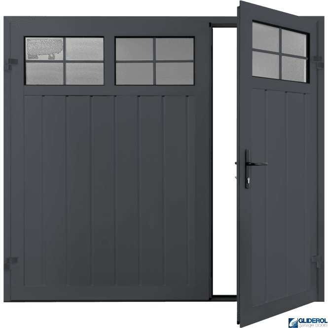 Gliderol GRAPHITE GREY (RAL7024) Premium Vertical Medium Rib (non-insulated) Side Hinged Garage Door with windows (1/3)