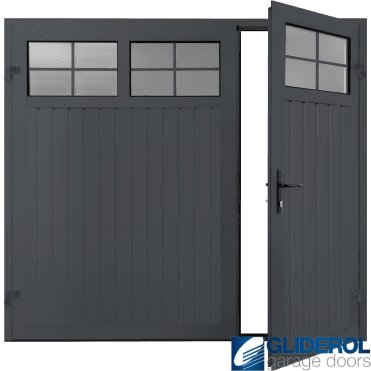 GRAPHITE GREY (RAL7024) Premium Vertical Standard Rib (non-insulated) Side Hinged Garage Door with windows (1/3)