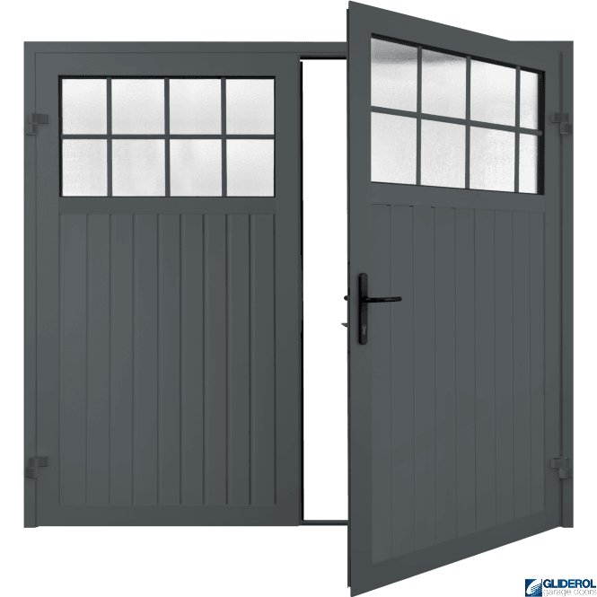 Gliderol IRON GREY (RAL7011) Premium Hartshill Vertical Standard Rib (non-insulated) Side Hinged Garage Door with windows