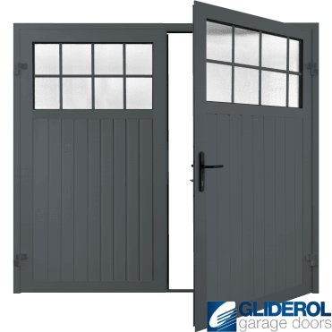IRON GREY (RAL7011) Premium Hartshill Vertical Standard Rib (non-insulated) Side Hinged Garage Door with windows
