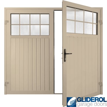 IVORY (RAL1015) Premium Hartshill Vertical Standard Rib (non-insulated) Side Hinged Garage Door with windows