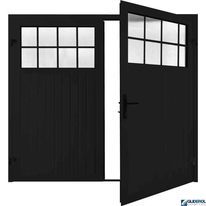 Gliderol JET BLACK (RAL9005) Premium Hartshill Vertical Standard Rib (non-insulated) Side Hinged Garage Door with windows