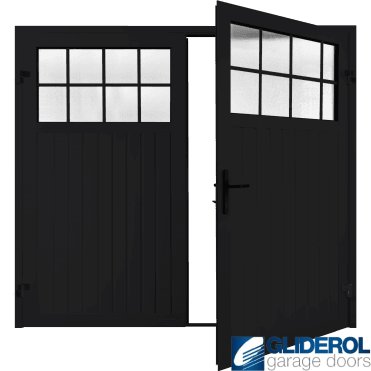 JET BLACK (RAL9005) Premium Hartshill Vertical Standard Rib (non-insulated) Side Hinged Garage Door with windows