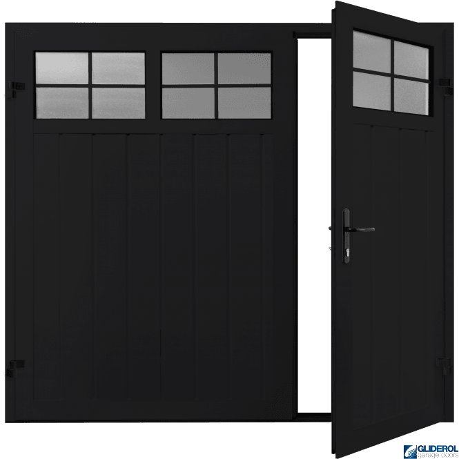 Gliderol JET BLACK (RAL9005) Premium Vertical Medium Rib (non-insulated) Side Hinged Garage Door with windows (1/3)