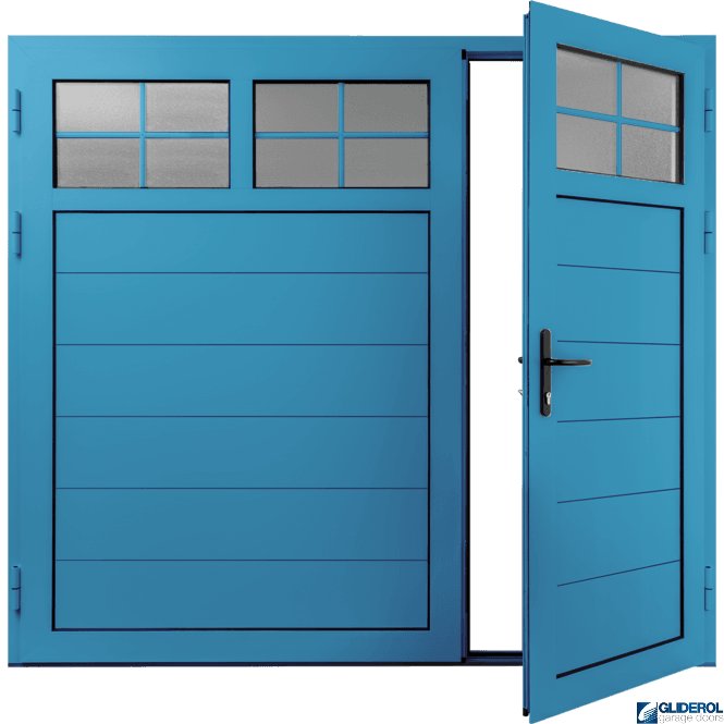 Gliderol LIGHT-BLUE (RAL5012) Insulated Traditional Horizontal Medium Rib Side Hinged Garage Door (1/3)