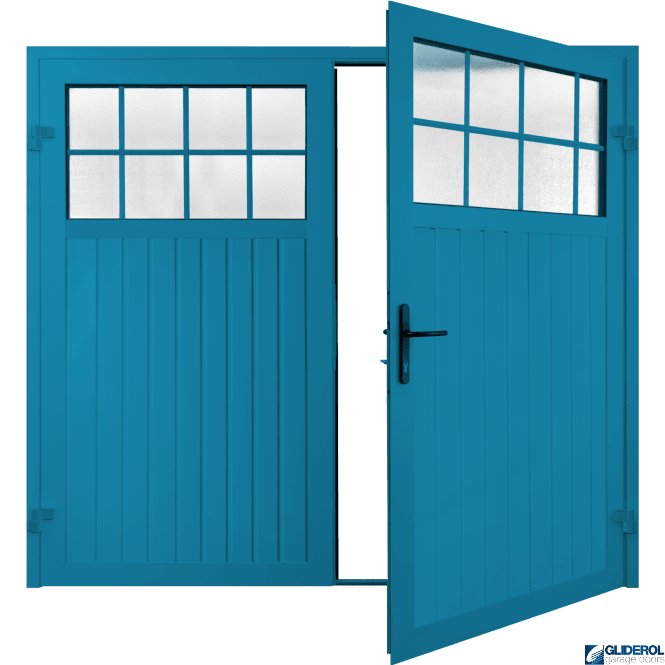 Gliderol LIGHT BLUE (RAL5012) Premium Hartshill Vertical Standard Rib (non-insulated) Side Hinged Garage Door with windows