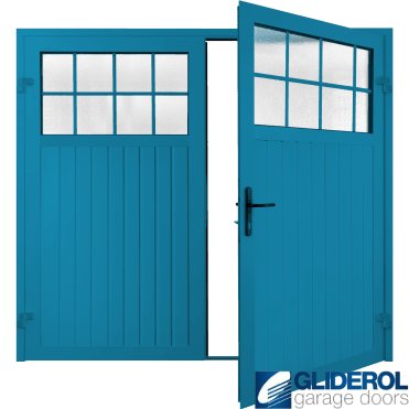 LIGHT BLUE (RAL5012) Premium Hartshill Vertical Standard Rib (non-insulated) Side Hinged Garage Door with windows