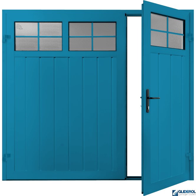 Gliderol LIGHT BLUE (RAL5012) Premium Vertical Medium Rib (non-insulated) Side Hinged Garage Door with windows (1/3)