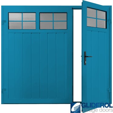 LIGHT BLUE (RAL5012) Premium Vertical Medium Rib (non-insulated) Side Hinged Garage Door with windows (1/3)