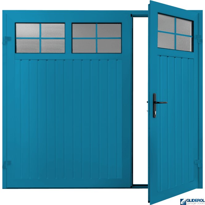 Gliderol LIGHT BLUE (RAL5012) Premium Vertical Standard Rib (non-insulated) Side Hinged Garage Door with windows (1/3)