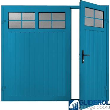 LIGHT BLUE (RAL5012) Premium Vertical Standard Rib (non-insulated) Side Hinged Garage Door with windows (1/3)