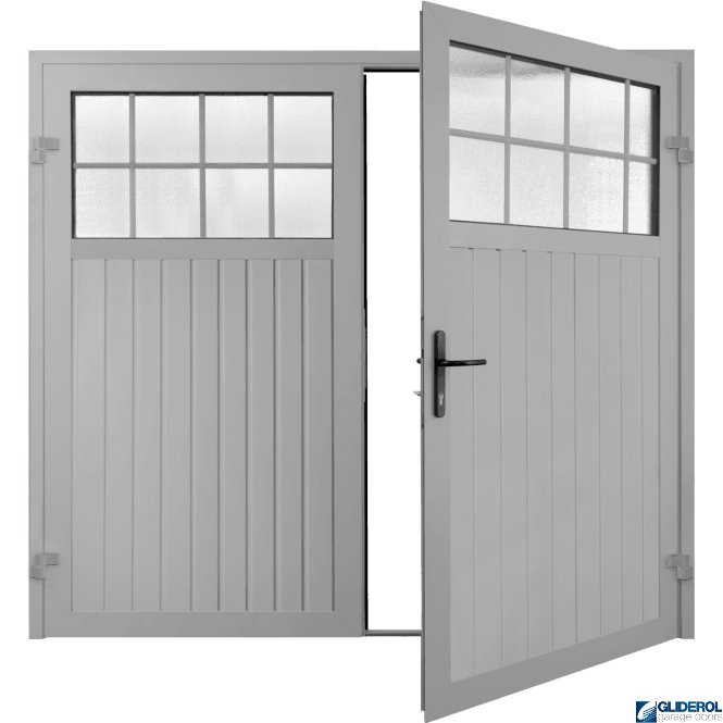 Gliderol LIGHT GREY (RAL7035) Premium Hartshill Vertical Standard Rib (non-insulated) Side Hinged Garage Door with windows