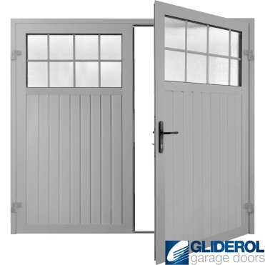 LIGHT GREY (RAL7035) Premium Hartshill Vertical Standard Rib (non-insulated) Side Hinged Garage Door with windows