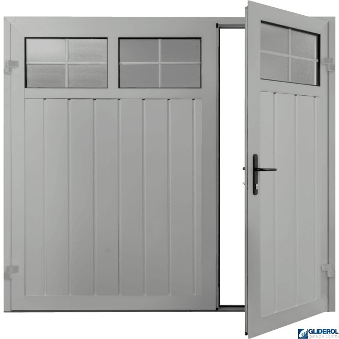Gliderol LIGHT GREY (RAL7035) Premium Vertical Medium Rib (non-insulated) Side Hinged Garage Door with windows (1/3)
