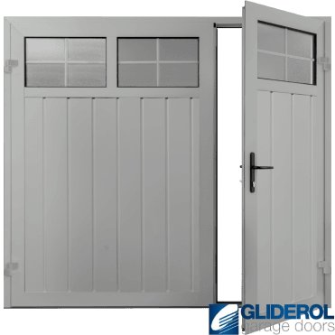 LIGHT GREY (RAL7035) Premium Vertical Medium Rib (non-insulated) Side Hinged Garage Door with windows (1/3)