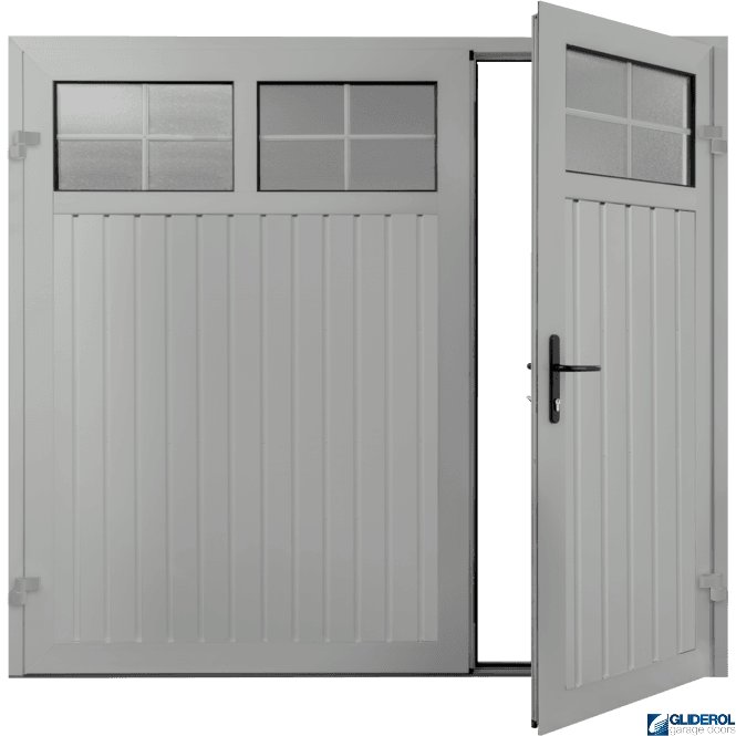 Gliderol LIGHT GREY (RAL7035) Premium Vertical Standard Rib (non-insulated) Side Hinged Garage Door with windows (1/3)