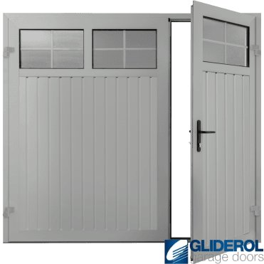 LIGHT GREY (RAL7035) Premium Vertical Standard Rib (non-insulated) Side Hinged Garage Door with windows (1/3)