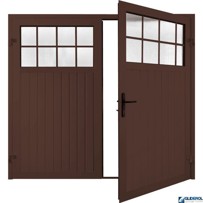 Gliderol MAHOGANY BROWN (RAL8016) Premium Hartshill Vertical Standard Rib (non-insulated) Side Hinged Garage Door with windows