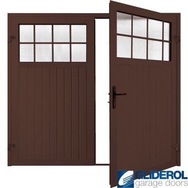 MAHOGANY BROWN (RAL8016) Premium Hartshill Vertical Standard Rib (non-insulated) Side Hinged Garage Door with windows