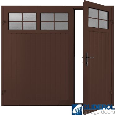 MAHOGANY BROWN (RAL8016) Premium Vertical Standard Rib (non-insulated) Side Hinged Garage Door with windows (1/3)