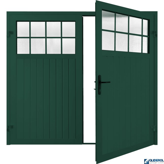 Gliderol MOSS GREEN (RAL6005) Premium Hartshill Vertical Standard Rib (non-insulated) Side Hinged Garage Door with windows